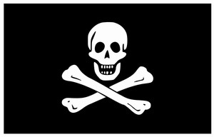 Classic pirate skull and crossbones flag on black background.