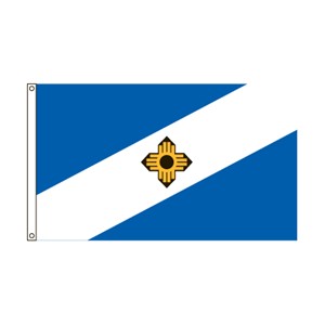 Flag with blue diagonal bands and central emblem.