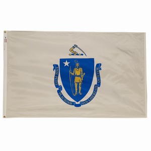 Flag of Massachusetts with state emblem on a beige background.