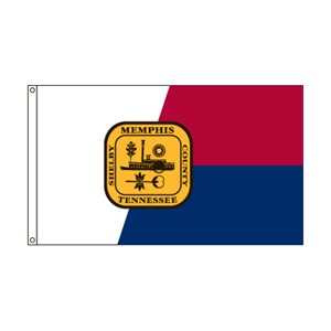 Flag with a white stripe and a two-colored red and blue field featuring a central emblem.