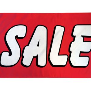 Red sale banner with bold white letters.