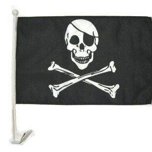 Black pirate flag with skull and crossbones design.