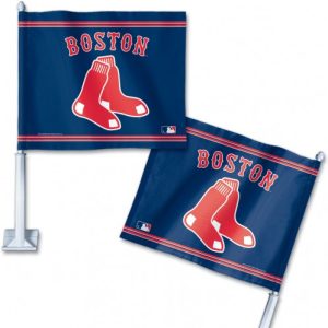 Two Boston Red Sox car flags with team logo and colors.