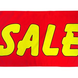Red sale flag with yellow letters.