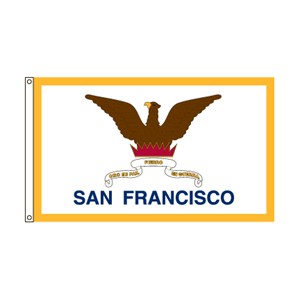 Flag of San Francisco featuring a brown eagle and a yellow border.