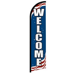 Welcome flag with stars and stripes design.