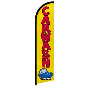 Yellow car wash banner with cartoon car.