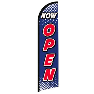 Blue banner with "Now Open" text.
