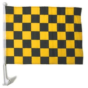 Yellow and black checkered racing flag.